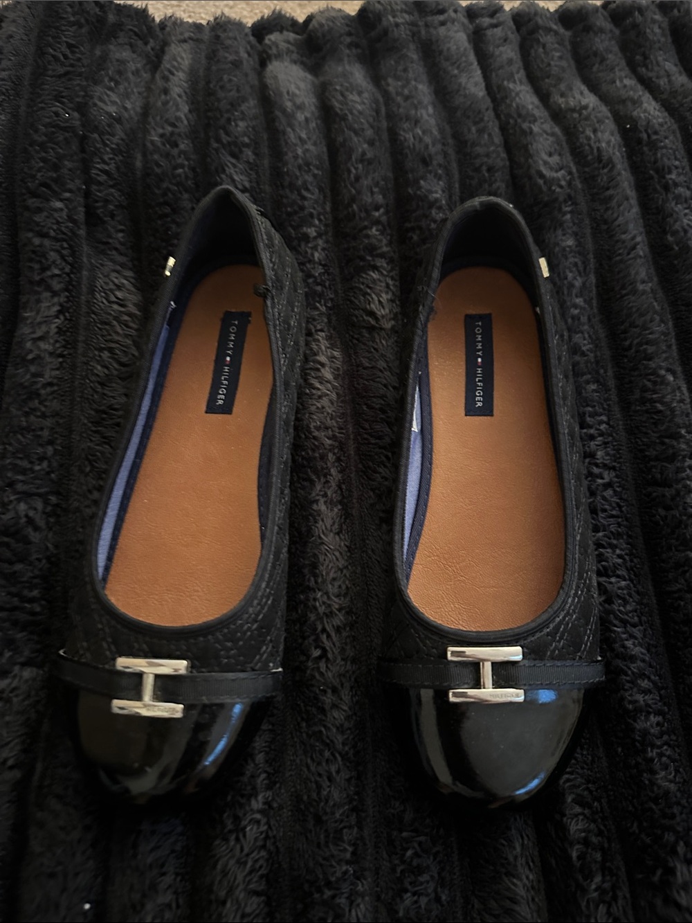 Tommy Hilfiger Black Quilted Ballet Flats with Patent Cap